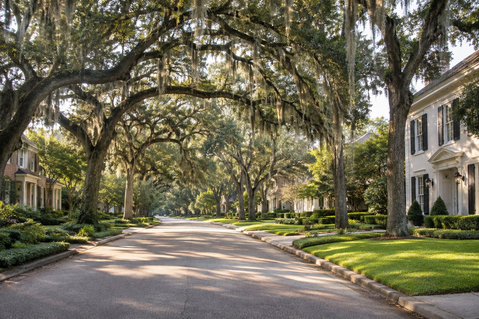 A quiet Greater Houston street with mature trees, illustrative