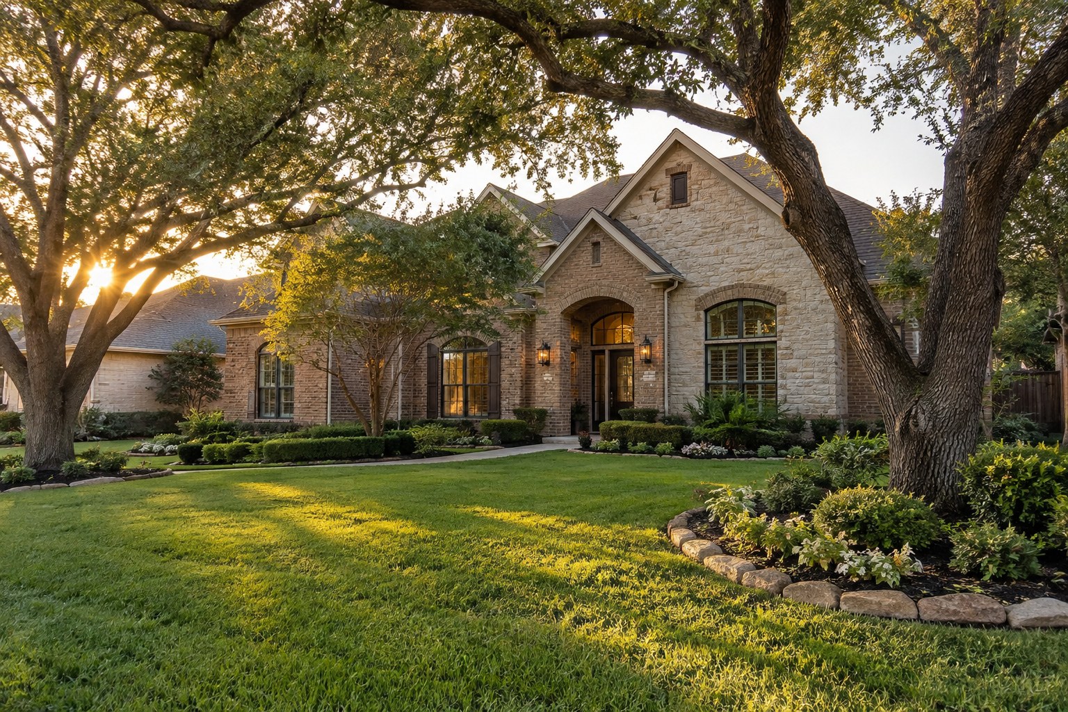 A brick and stone single family home under live oak trees in warm evening light, illustrative
