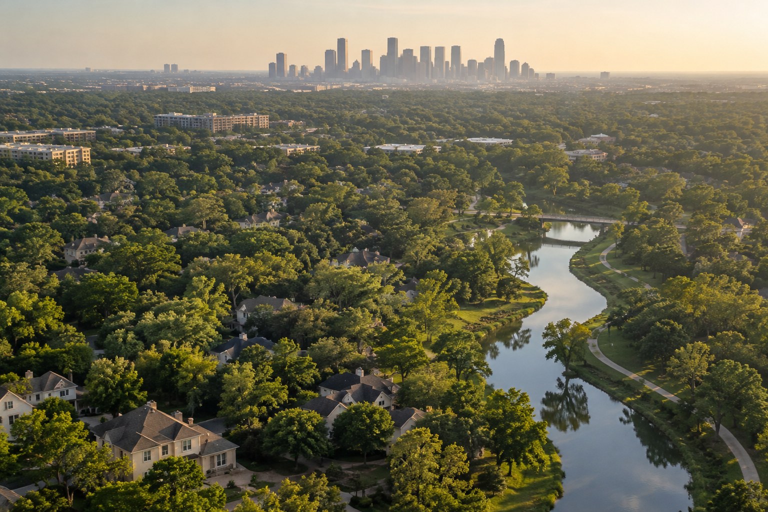 A Greater Houston street with homes, illustrative
