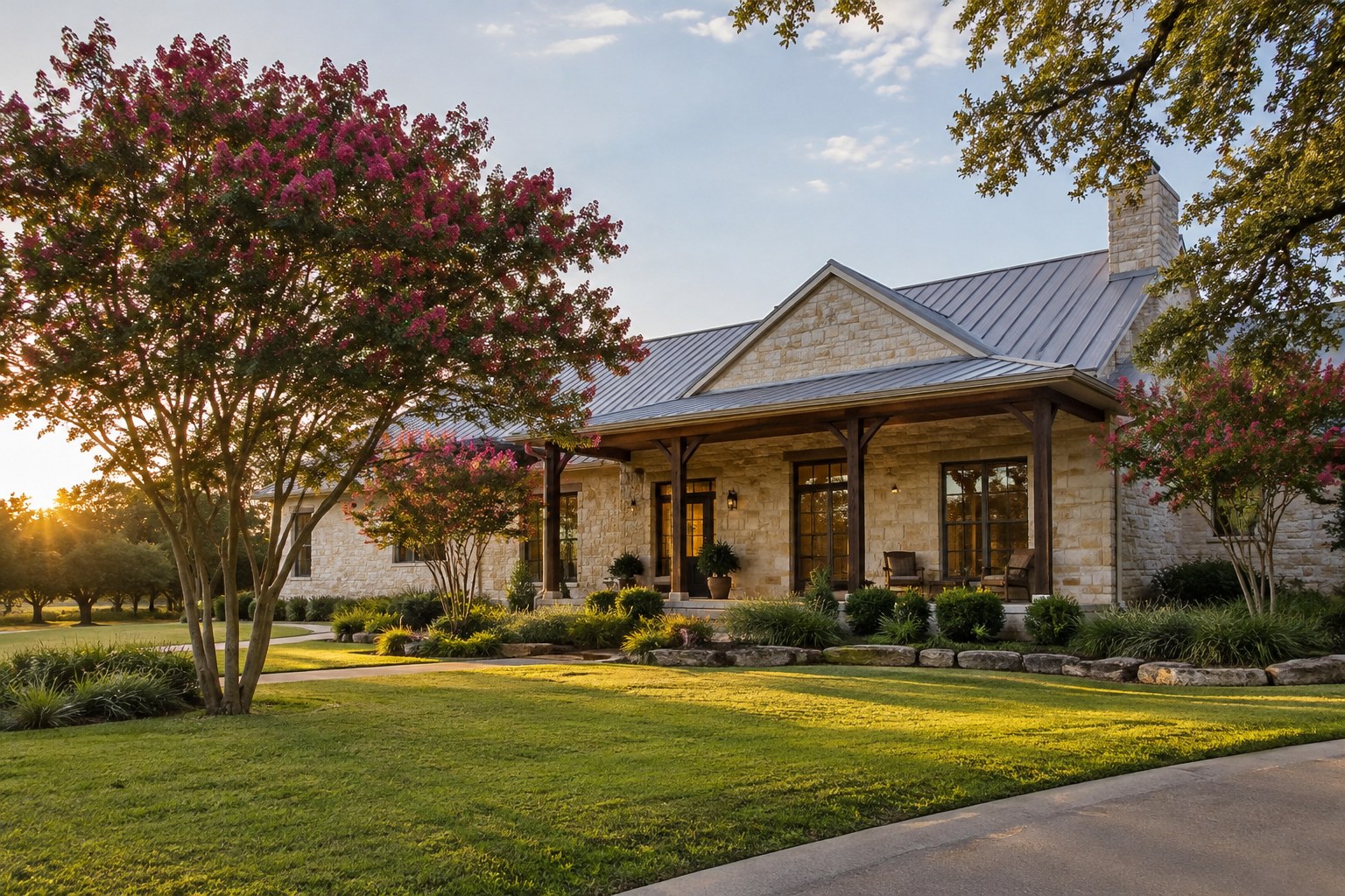 A Greater Houston home at dusk, illustrative